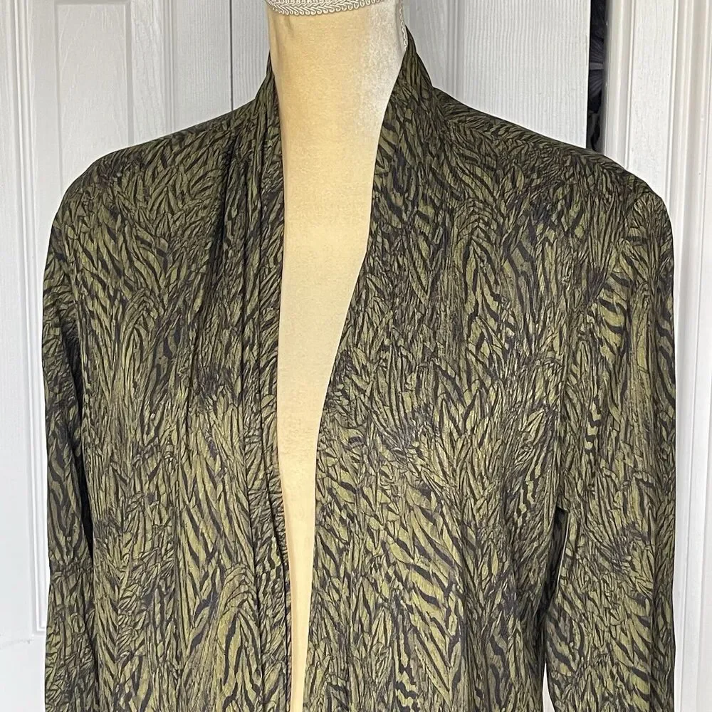 Anne Klein Vintage Silk Blouse Size 8 Green Black Surplice Button Front Top